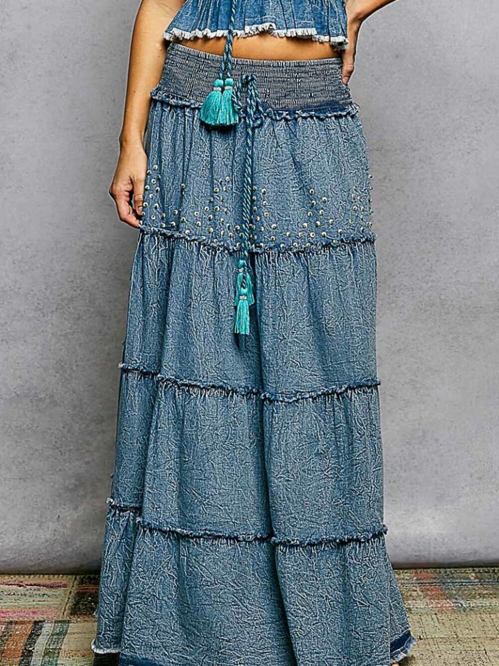 POL TIERED DENIM/BEAD SKIRT